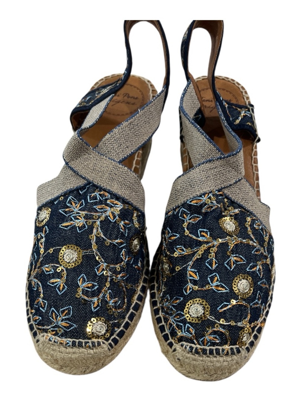 Toni Pons Terra-Or Beaded denim Embroidered Slingback Espadrille Wedges